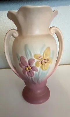 Vintage Hull Art Pottery Two Handled Vase Pink Yellow And Green Magnolia 7’ Tall • £44.36