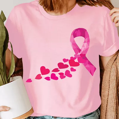 Pink Ribbon Hearts Breast Cancer Awareness October 2023 Womens T-Shirt #BC • £6.99