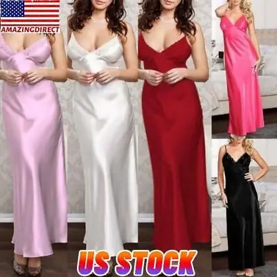 $11.99 • Buy Women Satin Silk Lace Robe Dress Sleepwear Lingerie Long Nightdress Nightgown US