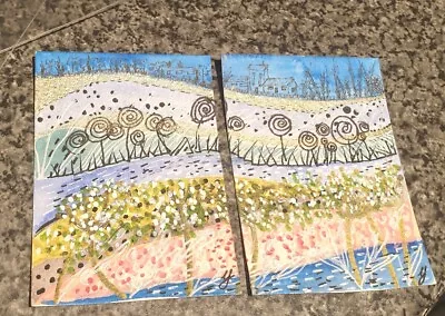 Aceo Abstract Organic Landscape Pair By Yvette New Watercolour Original New • £3