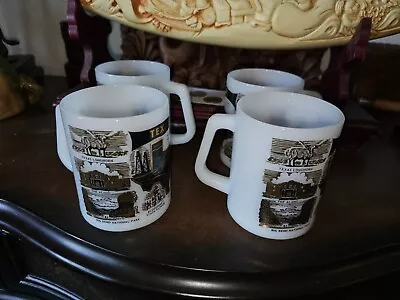 Vintage Federal Milk Glass Texas Coffee Mug Cup Black Gold Matching Set Of 4 • $69.99