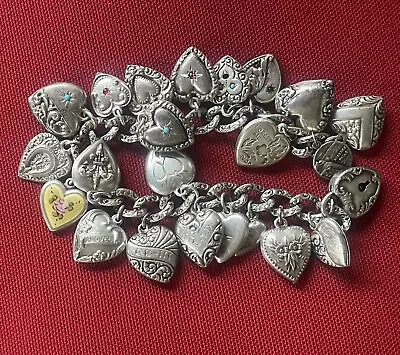 Loaded Vintage Sterling Silver 23 Puffy Heart Charm Bracelet-enamel-stones • $235