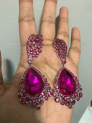 Long Hot Pink Fuchsia Dangle Pageant Rhinestone Crystal Silver Earrings 3.25” • $16