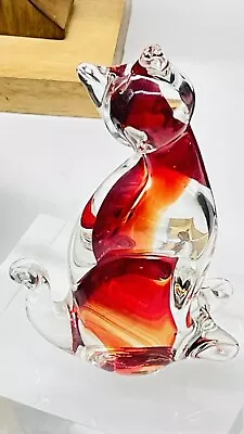 VTG Art Glass Cat Murano Red/Clear Original Sticker Figurine Polished Pontil EUC • $20