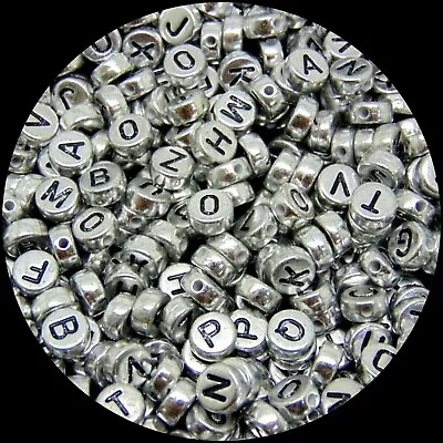 100 Pcs - 7mm Silver Acrylic Coloured Alphabet Round Letter Beads Jewellery H114 • £2.19