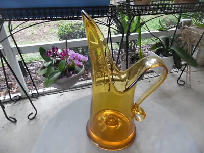 Vintage Mid  Century Modern Topaz Amber Art Glass Pitcher W Candle Holder Inside • $19.99