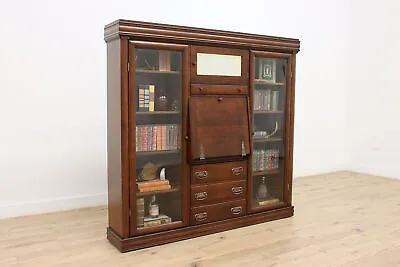 Oak Antique Bookcase & Secretary Desk Beveled Mirror #47414 • $3950