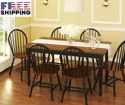 7 Piece Farmhouse Dining Table Set 6 Wooden Kitchen Chairs And Table Black & Oak • $563.99