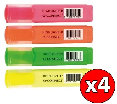 Neon Highlighters Marker Pens Assorted 5.2mm Line 1mm Tip Q-Connect 4 Pack E3H • £2.99