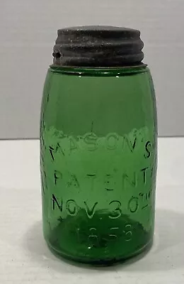 Emerald Green  Fruit Jar - 971 Midget Masons Patent Nov 30 1858 With Zinc Lid. • $125