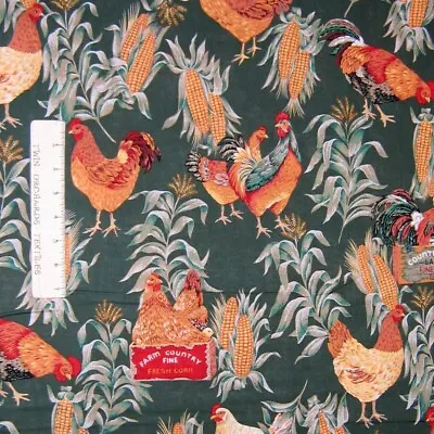 Country Rustic Fabric - Rooster & Corn Scene On Dark Green - Cotton YARD • $10.48