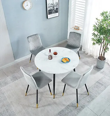 Small Round Dining Table And  4 Grey Fabric Chairs Set Metal Legs Marble Top • £299.99