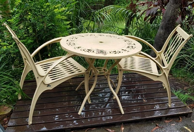 $199.95 • Buy Flexalum 3-Pc MID CENTURY Outdoor Garden CAST ALLOY Chairs Metal Table @ GOSFORD
