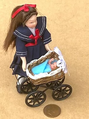 Wicker Pram With A Chelsea Doll Tumdee 1:12 Scale Dolls House Miniature Nursery • $33.79