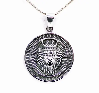 925 Sterling Silver Lion With King's Crown Medallion Pendant W/ Silver Chain • $48