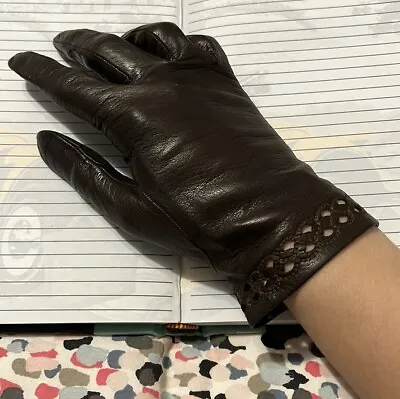 Vintage Brown Leather Gloves With Circular Eyelet Stitching • $25