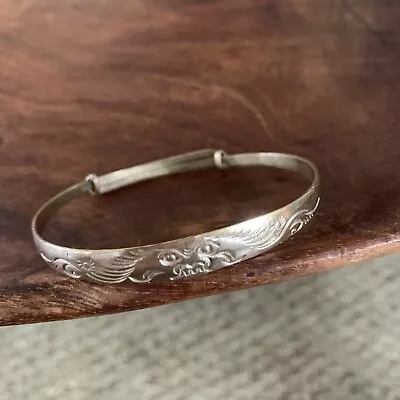 Sterling Silver Vintage Chinese Bangle Incised Foo Dog Dragon Adjustable • $34