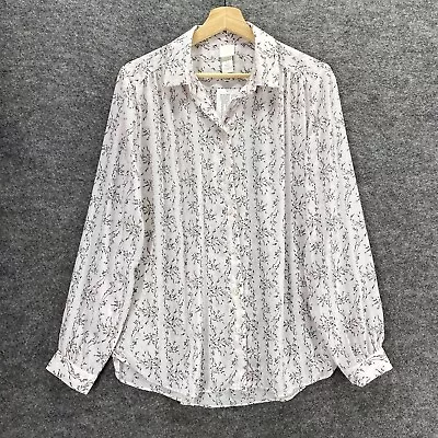 New H&M Shirt Womens 12 White Floral Collared Long Sleeve Button Up Rayon • $9.09