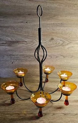 Rustic Candle Chandelier -6 Amber Glass Candle Holders- Hanging Candle  • £24.99