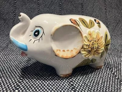 Vintage Elephant Piggy Bank Flowers Back Hand Painted With Stop • $10