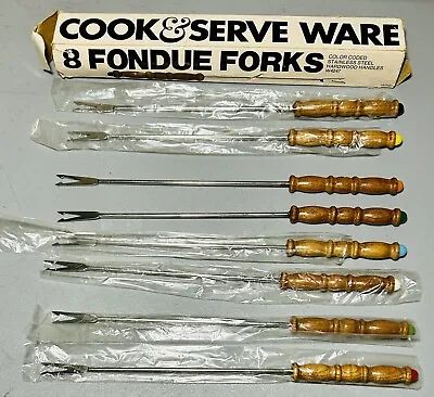 Vintage Fondue Forks 8 PC Wood Handle Retro MCM 10.5 Inch Japan Stainless Steel • $17.99