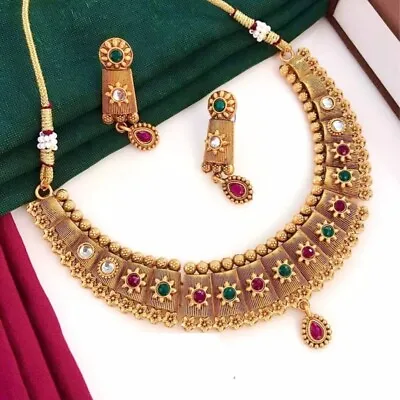 22K Bollywood Indian Gold Plated Bollywood Necklace Earrings Wedding Jewelry Set • £14.09