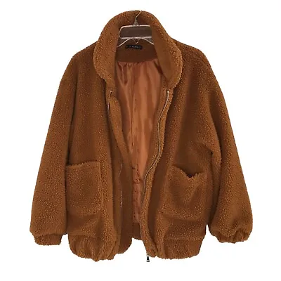 Zaful Women’s Brown Sherpa Coat Size Medium Teddy Bear Zip Front Fleece Jacket • £23.02