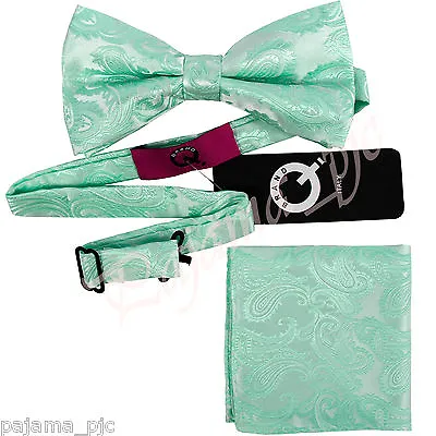 AQUA MINT GREEN Paisley Pre-tied Bow Tie And Pocket Square Hanky Set Formal Prom • $11.89