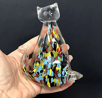Vintage Art  Glass Confetti CAT Figurine Paperweight Multi Color 5 Inches RARE • $29.99