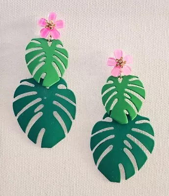 Palm Leaf W Pink Flower Post Earrings 2  Long Acetate Beach Vacation • $12.99