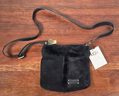 UGG Australia Black Leather Suede Crossbody Bag With Shearling Trim New • $39.95