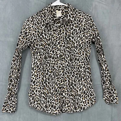 J. Crew Button Up Shirt Womens 2 Brown Cheetah Print The Perfect Shirt Cotton • $7.74