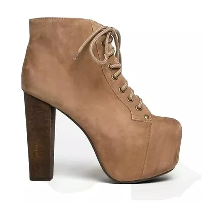 JEFFREY CAMPBELL LITA PLATFORM ANKLE BOOTS SHOES 9.5 In TAN SUEDE LEATHER • $129.99