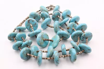 Vintage Sterling Silver Santo Domingo Pueblo Turquoise Heishi Bead Necklace • $369