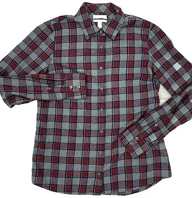 J.Crew Grey Red Navy Plaid Button Up “Boy Fit” FLANNEL SHIRT Womens Sz 4 NWT • $12.99