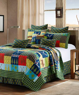 LAKE And LODGE Full Queen QUILT SET : CABIN COUNTRY MOUNTAIN BEAR DEER BUCK FISH • $34.99