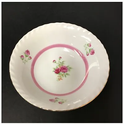 Serving Bowl Hand Painted Red Pink Roses Gold Trimmed Scalloped Rim 7in  Vintage • $13.27