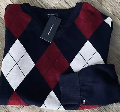 Nwt Mens Tommy Hilfiger V-neck Sweater Argyle Burgandy Black White Size M • $18.99