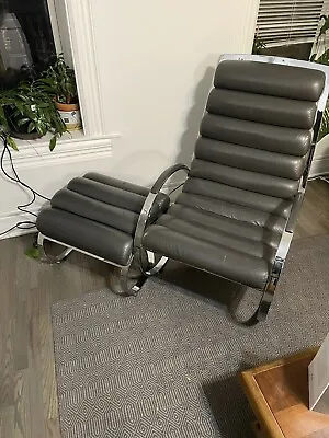 Vintage Milo Baughman Cantilever Grey Leather Chrome Lounge Chair And Ottoman • $400