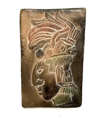 Carved Pottery Plaque Tile W Stand Face Profile Mayan Headdress Neutral Eclectic • $24.99