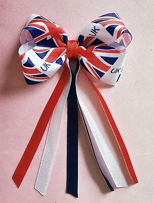 Handmade Union Jack UK Flag Grosgrain Ribbon Hair Bow Clip With Long Ribbon Tail • £3.99
