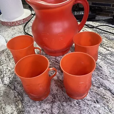 Vintage Kool-Aid Man Smile Face Red Pitcher With 4 Drink Cups Plastic Set • $30