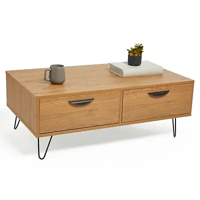 Coffee Table Oak Wood Effect 2 Drawer Storage Living Room Lounge | VonHaus • £84.99