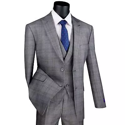 VINCI Men's Gray Glen Plaid 3 Piece 2 Button Modern Fit Suit W/ Peak Lapel NEW • $130