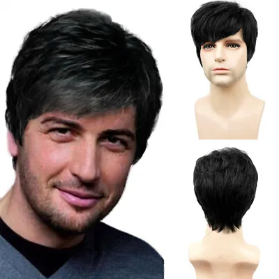 Handsome Mens Full Hair Short Wigs Men Black Straight Layered Cosplay Wig UK S- • £9.20