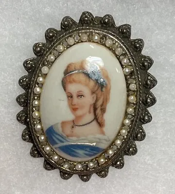 Limoges Made In France Painted Porcelain Cameo Faux Seed Pearl Silver Pin Brooch • £19.27