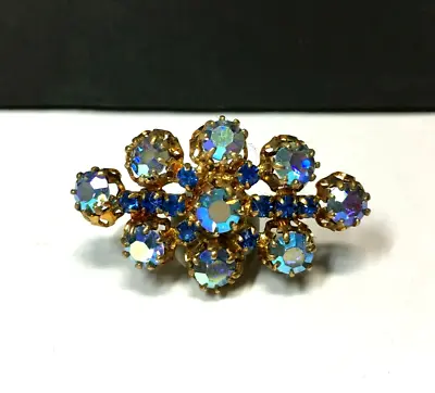 Vintage AUSTRIA Sapphire Blue AB Rhinestone BROOCH Gold Unsigned L58m • $32