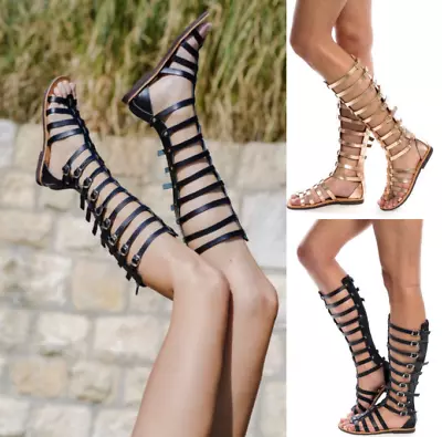 Women Knee High Gladiator Sandals Strappy Beach Flat Shoes Cut Buckle Boots Roma • £7.49