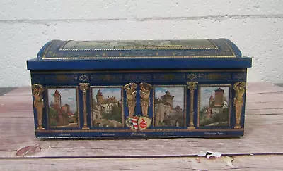 Vintage E. Otto Schmidt Blue And Gold Village Scape German Biscuit Tin • $20