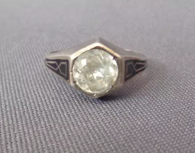 Antique Art Deco Ring Sterling Silver Rhinestone Crystal Solitaire Black Enamel • $49.99